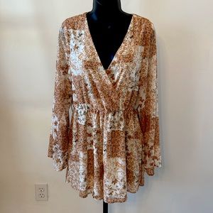 Pink Lily Romper Dressy Cream Green Rust Floral Paisley Print Medium